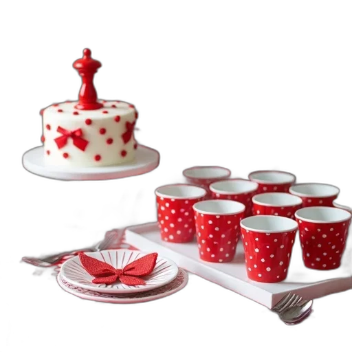 food, 3d render, red, festive, table, setting, white, polka transparent PNG cut-out