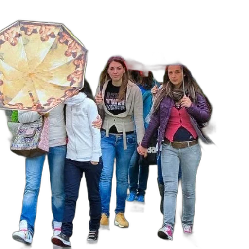 umbrella, jacket, 3d render, group, women, walking, down, street transparent PNG cut-out