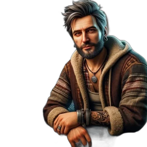 jacket, concept art, fantasy art, pixel art, photorealistic, rugged, tattooed, video transparent PNG cut-out