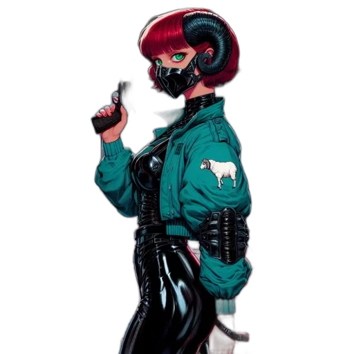 jacket, robot, mask, staff, cyberpunk, concept art, vaporwave, comic book art transparent PNG cut-out