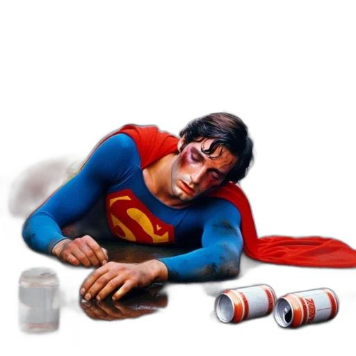 bottle, comic book art, concept art, photorealistic, 3d render, injured, man, superman transparent PNG cut-out