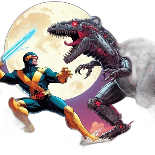 concept art, comic book art, fantasy art, outer space, superhero, clashes, mechanized, dinosaur transparent PNG cut-out