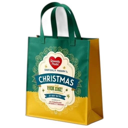 festive, christmas-themed, greenfields, bag, green, handle, yellow, base transparent PNG cut-out