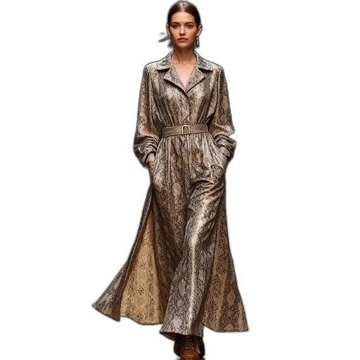 jacket, dress, photorealistic, earth tones, dark, model, walking, down transparent PNG cut-out