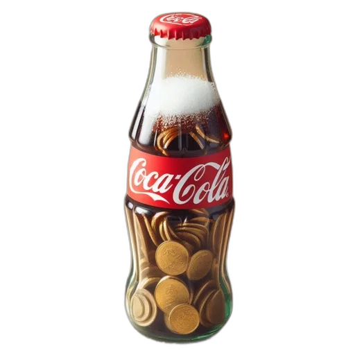 bottle, food, 3d render, photorealistic, coca-cola, gold, coins, inside transparent PNG cut-out