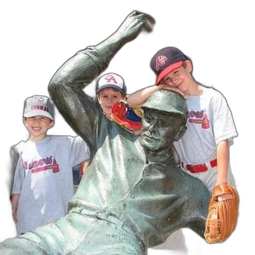three, children, pose, baseball, statue, wearing, atlanta, braves transparent PNG cut-out