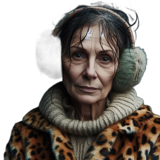 face, jacket, animal, hat, photorealistic, concept art, elderly, woman transparent PNG cut-out