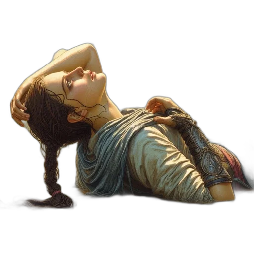staff, photorealistic, concept art, fantasy art, oil painting, woman, reclines, partially transparent PNG cut-out