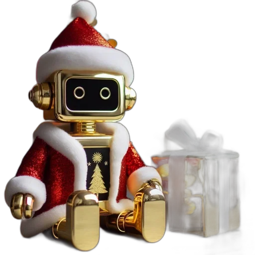 robot, 3d render, concept art, dressed, santa, sits, next, gift transparent PNG cut-out