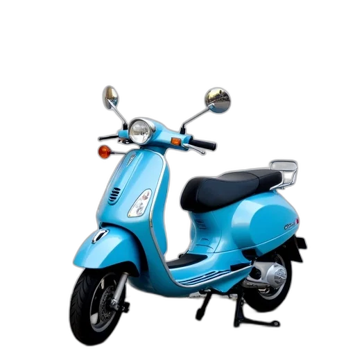 3d render, photorealistic, blue, scooter, black, seat, rearview, mirror transparent PNG cut-out