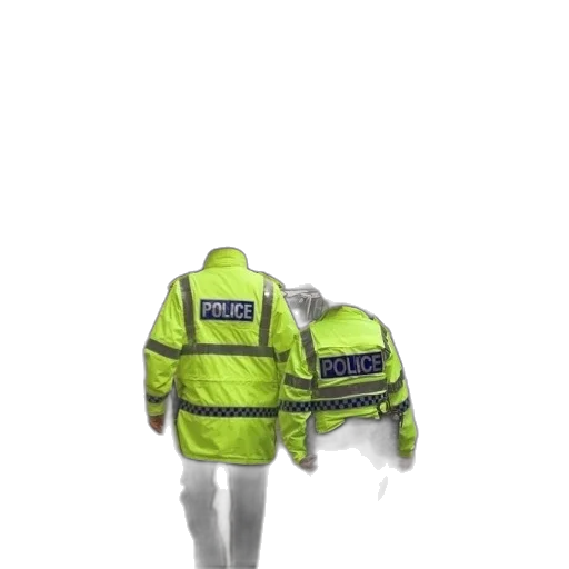jacket, staff, two, police, officers, yellow, jackets, walk transparent PNG cut-out