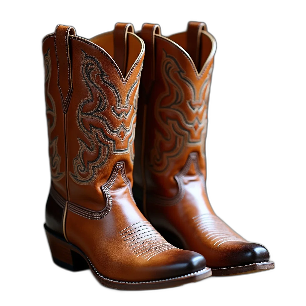shoes, 3d render, photorealistic, pair, brown, leather, cowboy, boots transparent PNG cut-out