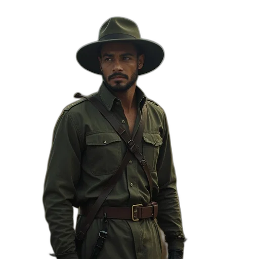 hat, jacket, staff, concept art, photorealistic, oil painting, earth tones, guerra transparent PNG cut-out