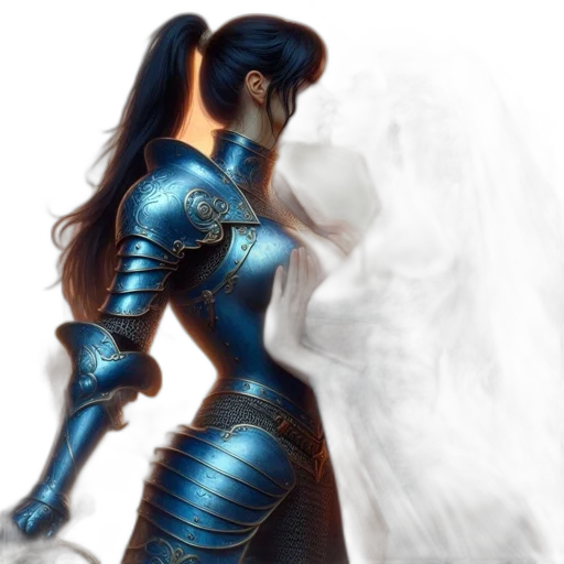 robot, sword, dress, fantasy art, concept art, 3d render, comic book art, blue transparent PNG cut-out