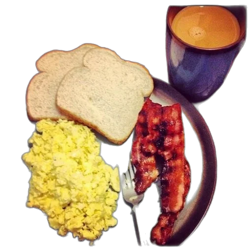 food, photorealistic, plate, scrambled, eggs, bacon, toast, cup transparent PNG cut-out