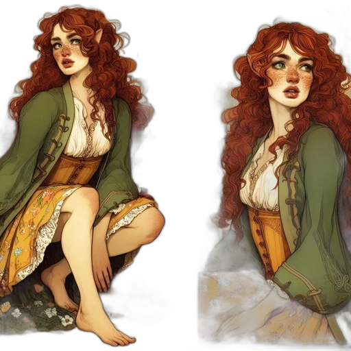 dress, concept art, fantasy art, comic book art, watercolor, earth tones, green, golden transparent PNG cut-out