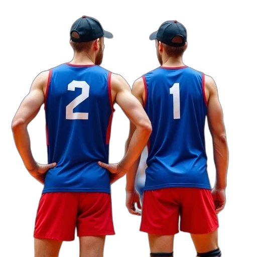 two, male, volleyball, players, standing, court, wearing, blue transparent PNG cut-out