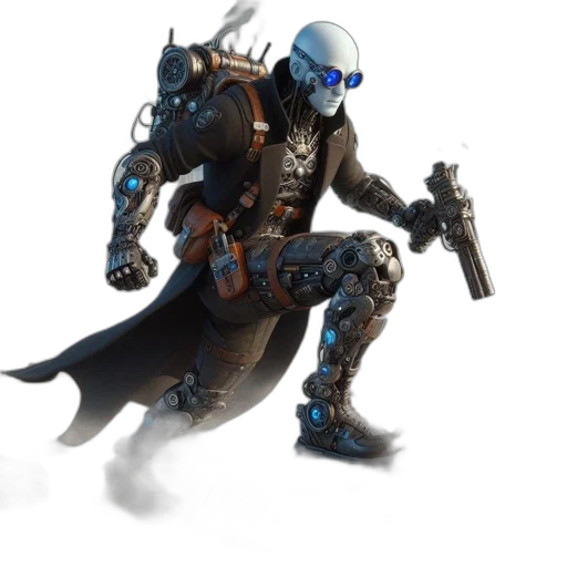 robot, weapon, concept art, cyberpunk, fantasy art, 3d render, outer space, blue transparent PNG cut-out