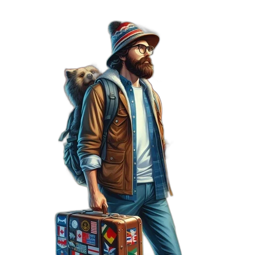 jacket, hat, staff, concept art, pixel art, fantasy art, comic book art, colorful transparent PNG cut-out