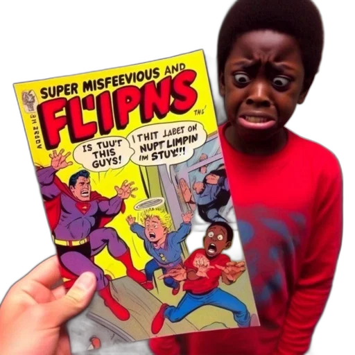 comic book art, young, boy, holds, comic, titled, super, misfevious transparent PNG cut-out
