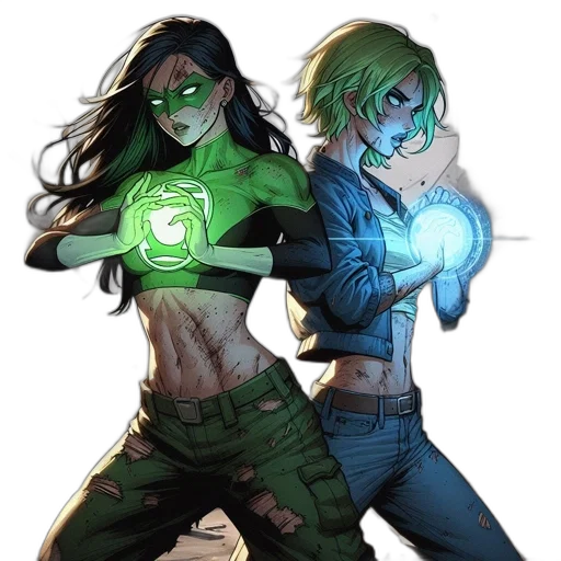 comic book art, concept art, fantasy art, cyberpunk, neon lights, green, two, female transparent PNG cut-out