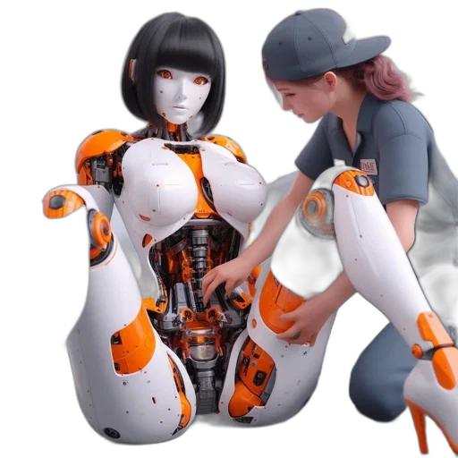 robot, cyberpunk, 3d render, concept art, outer space, workshop, woman, repairs transparent PNG cut-out