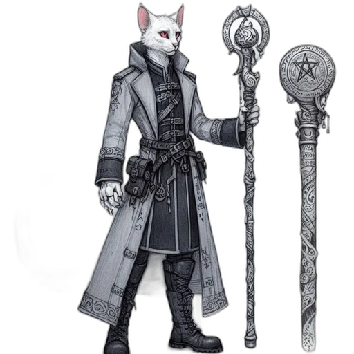 staff, sword, weapon, jacket, concept art, fantasy art, comic book art, 3d render transparent PNG cut-out