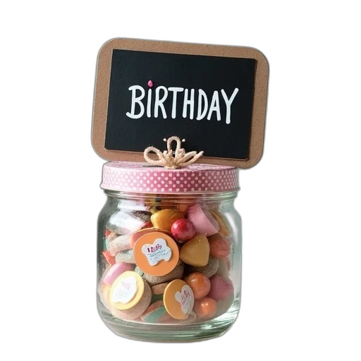 birthday, gift, jar, glass, stickers, chalkboard, tag, top transparent PNG cut-out