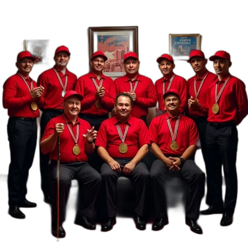 staff, jewelry, furniture, group, men, red, shirts, hats transparent PNG cut-out