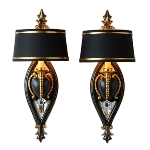 crown, jewelry, 3d render, pair, black, gold, wall, sconces transparent PNG cut-out