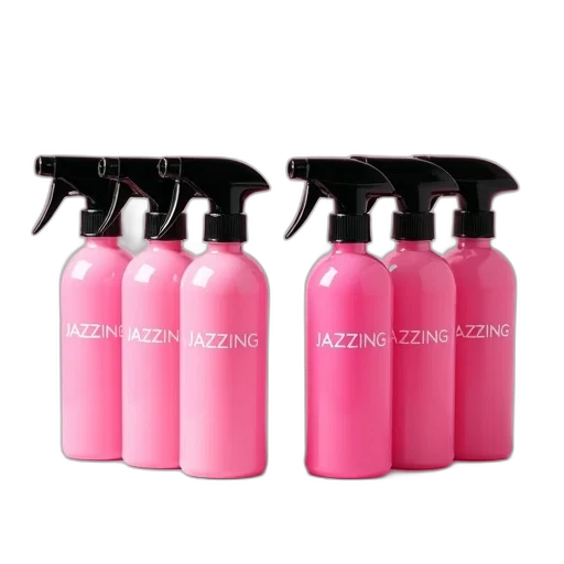 collection, six, pink, spray, bottles, black, caps, each transparent PNG cut-out