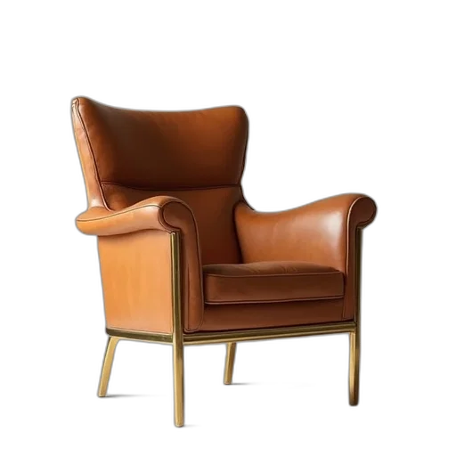 furniture, crown, 3d render, tan, leather, chair, brass, legs transparent PNG cut-out