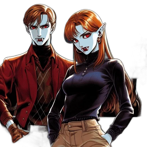 comic book art, concept art, two, supernatural, beings, resembling, vampires, stand transparent PNG cut-out