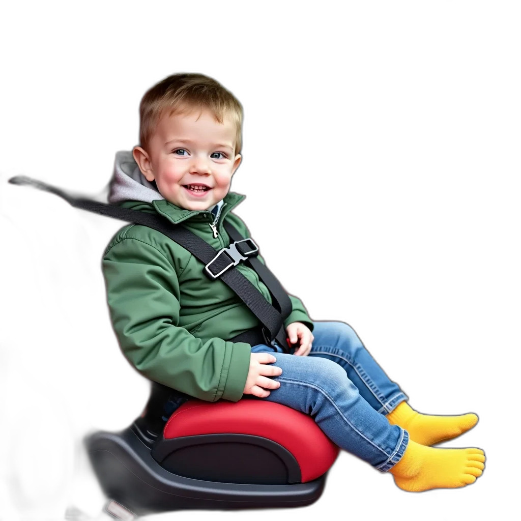 photorealistic, 3d render, young, child, sitting, car, seat, red transparent PNG cut-out