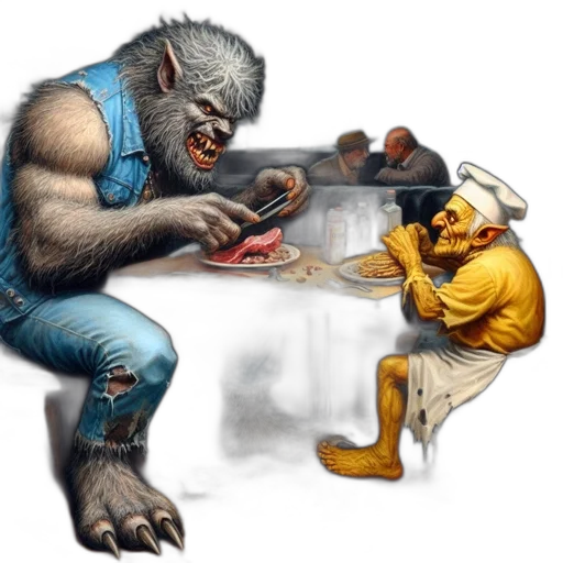 food, concept art, fantasy art, fire, bustling, diner, massive, wolf-like transparent PNG cut-out