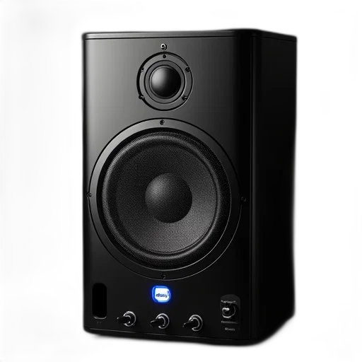3d render, black, speaker, circular, logo, front, blue, bottom transparent PNG cut-out