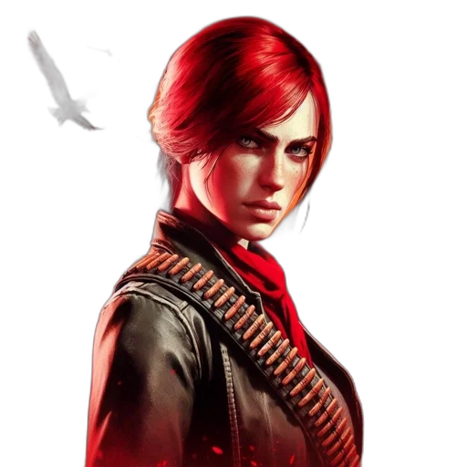 jacket, concept art, pixel art, comic book art, photorealistic, red, fierce, woman transparent PNG cut-out