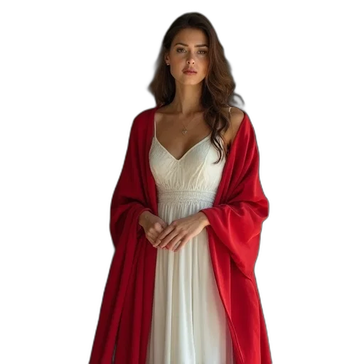dress, staff, jewelry, red, portrait, woman, white, shawl transparent PNG cut-out