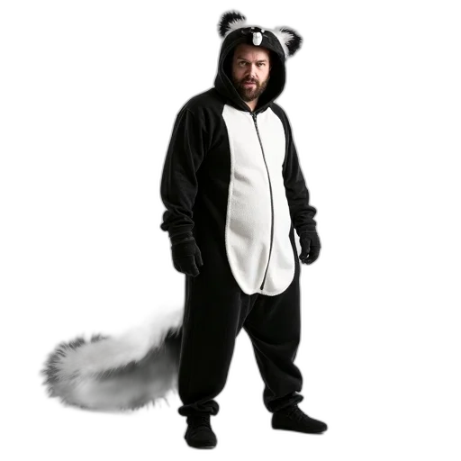 animal, creature, man, wearing, skunk, costume, white, background transparent PNG cut-out