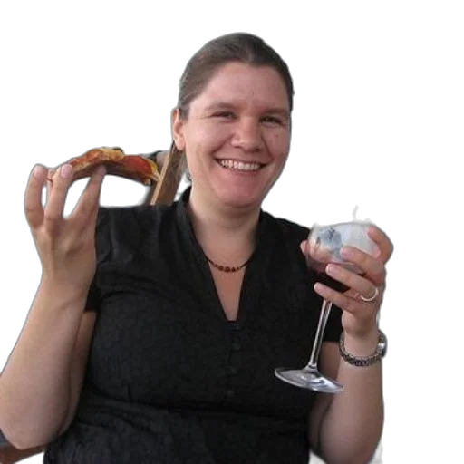 food, staff, jewelry, woman, black, dress, holds, slice transparent PNG cut-out