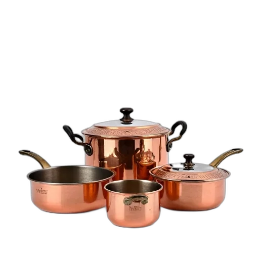 collection, copper, pots, pans, displayed, white, background, have transparent PNG cut-out