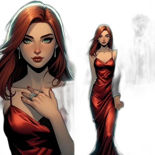 dress, comic book art, concept art, fantasy art, cartoon, red, earth tones, two transparent PNG cut-out