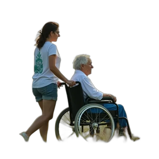 woman, pushing, wheelchair, elderly, person, seated, wearing, white transparent PNG cut-out