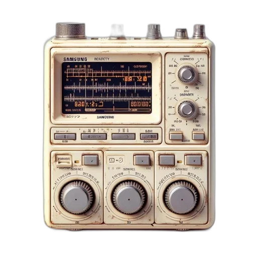 antique-looking, beige, radio, japanese, characters, screen, buttons, displaying transparent PNG cut-out