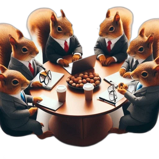 concept art, group, anthropomorphic, squirrels, meet, business, setting, seated transparent PNG cut-out