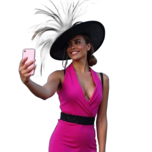 hat, dress, woman, pink, black, outfit, large, elaborate transparent PNG cut-out