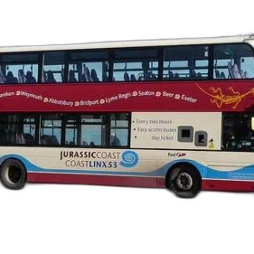 staff, photorealistic, double-decker, bus, advertisements, jurassic, coast, coastlinx transparent PNG cut-out