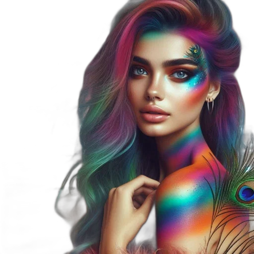 hair, dress, face, photorealistic, fantasy art, watercolor, oil painting, neon lights transparent PNG cut-out