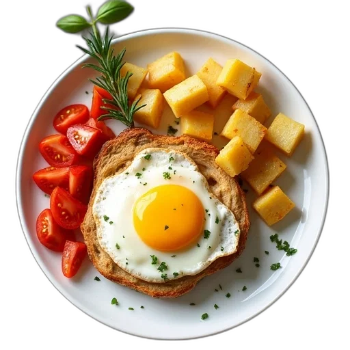 food, photorealistic, plate, slice, egg, diced, potatoes, accompanied transparent PNG cut-out