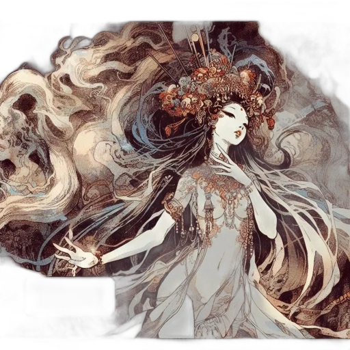 mask, hair, fantasy art, concept art, watercolor, comic book art, fire, underwater transparent PNG cut-out
